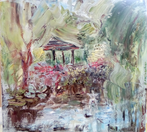 Landscapes painting titled Duck Pond and Japanese Lantern 5