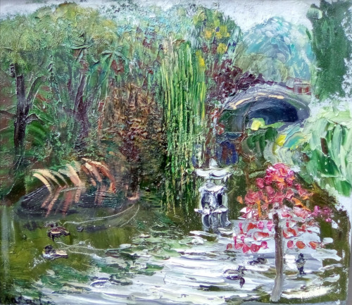 Landscape painting titled Duck Pond with Japanese Lantern 4